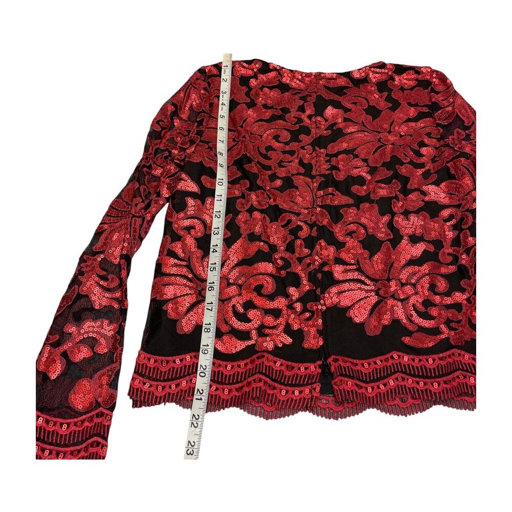 Marina Red Sequin Floral Mesh Long Sleeve Cropped Top Womens Medium - Picture 3 of 9